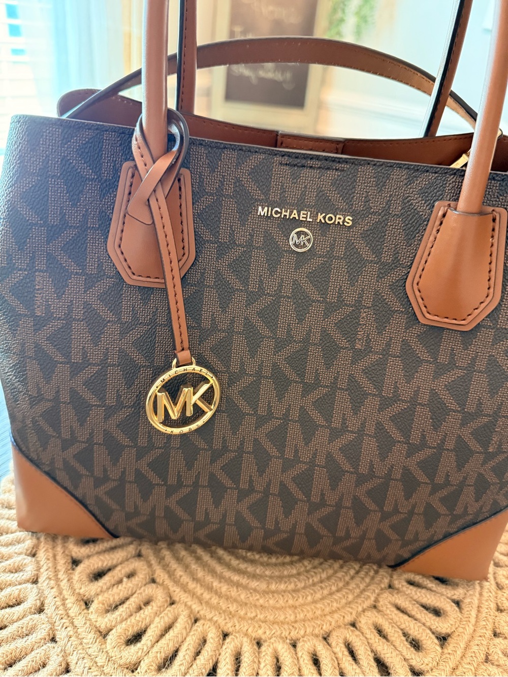 Michael Kors Mercer Gallery Medium Center Zip MK Logo Tote Bag Brown - Picture 2 of 11